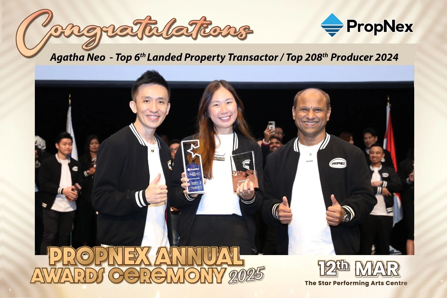 Agatha with Propnex CEO at an awards ceremony, with three smiling and holding trophies, in formal jackets with PropNex logos. The event details include PropNex Annual Awards Ceremony, held on March 12th, 2025
