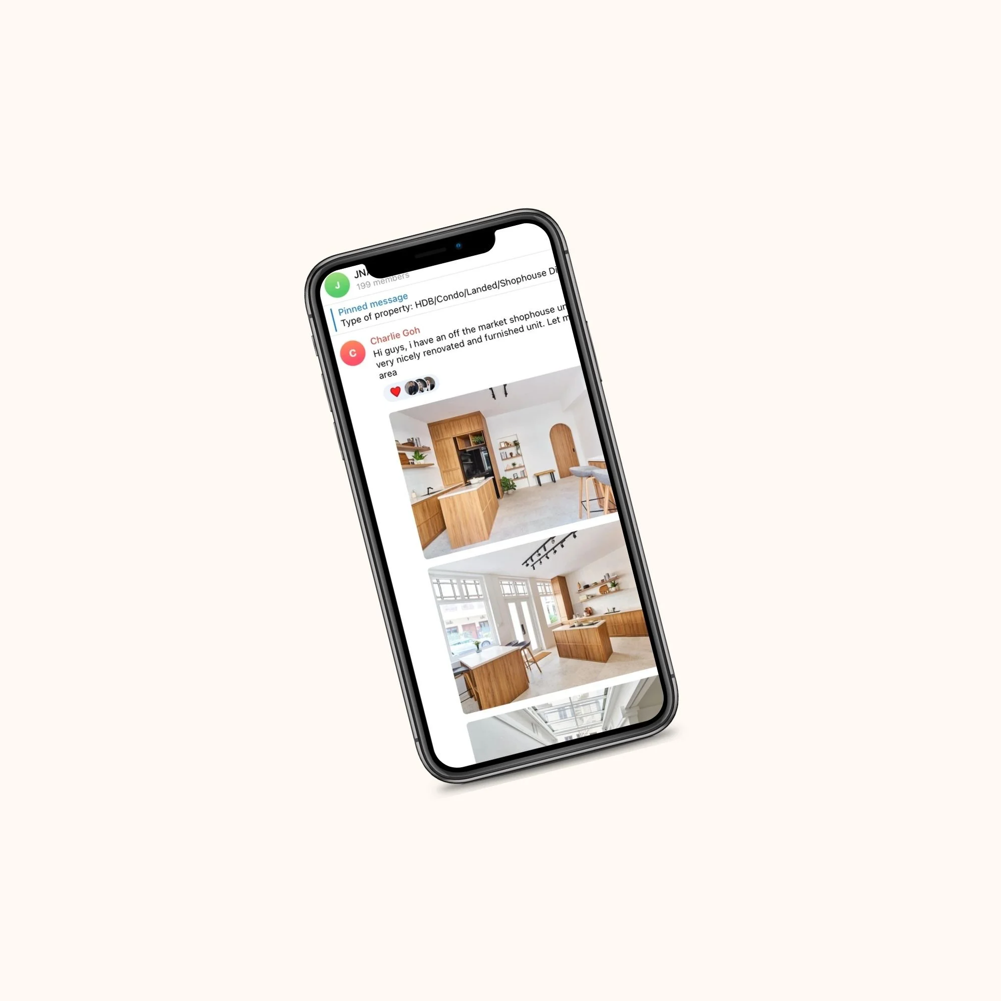 Agatha Neo Smartphone displaying a real estate app with images of a modern kitchen and living space.