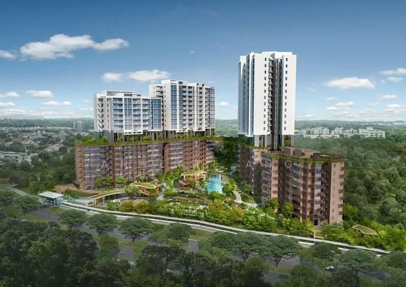 A modern high-rise residential complex with multiple white and brown buildings, surrounded by greenery, with a pool and landscaped gardens.