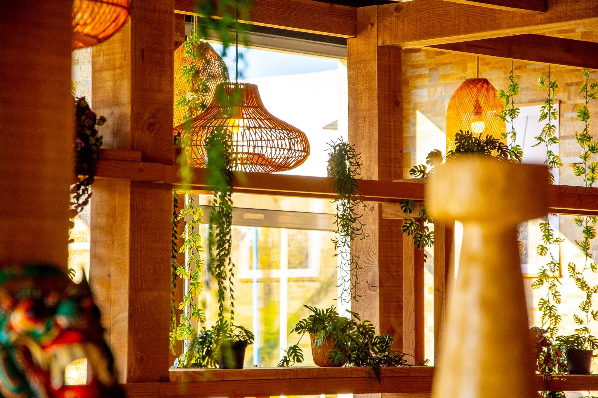 Interior view of a room with wooden framing, hanging woven lamps, and plants on windowsills, with sunlight streaming through large windows.