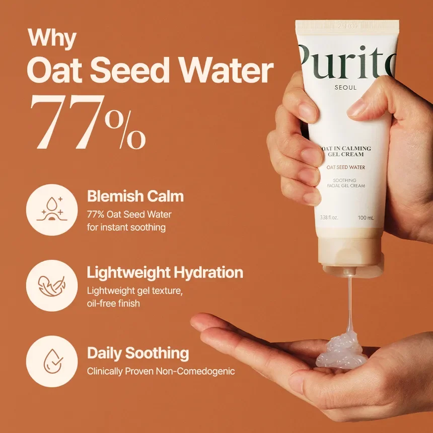 A person squeezing a tube of Ourit Seoul calming gel cream with a small amount of gel on their hand, promoting skincare benefits such as instant soothing, lightweight hydration, and daily soothing, made with 77% oat seed water.