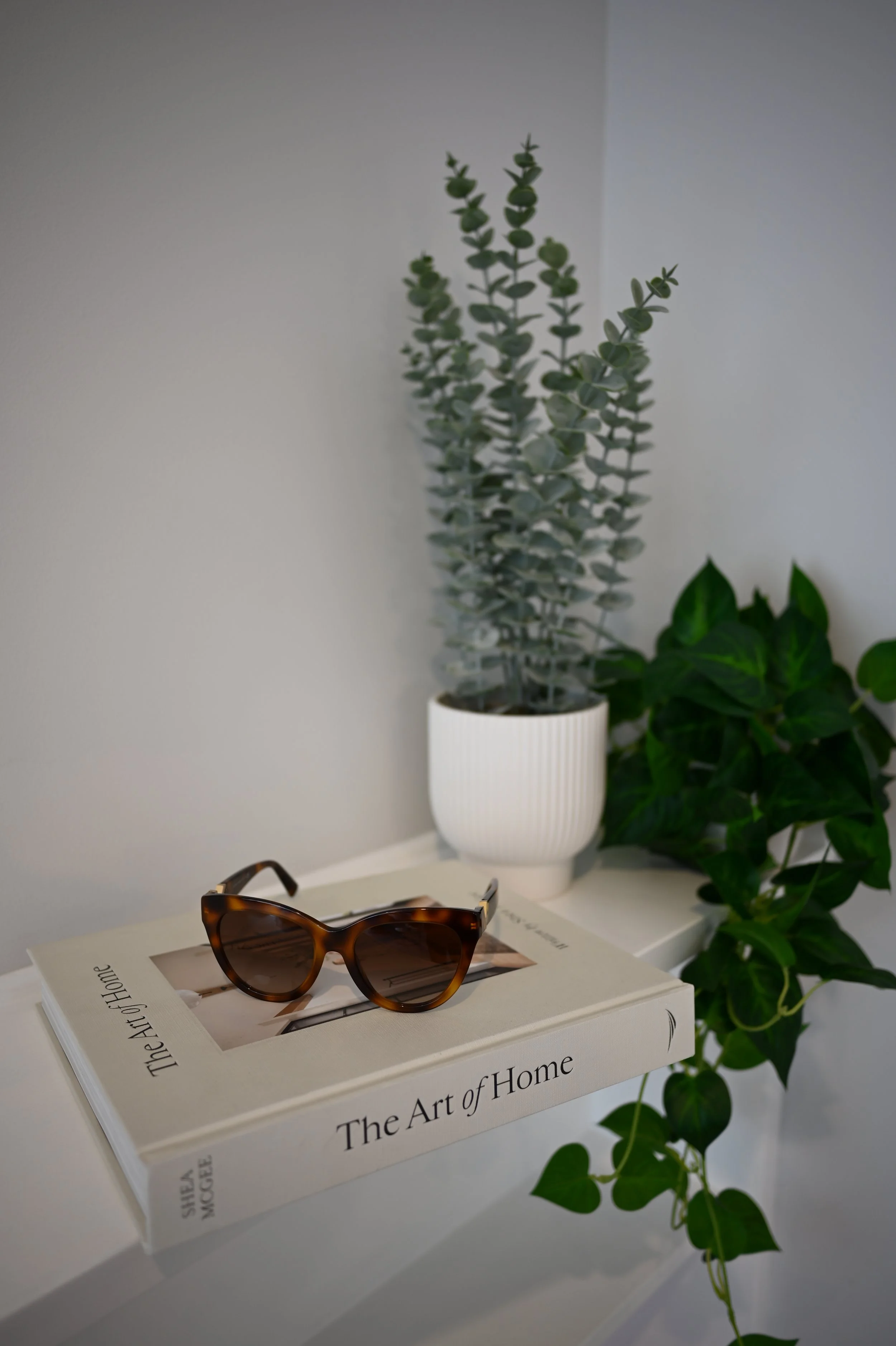 A pair of tortoise shell Valentino sunglasses resting on a white book titled "The Art of Home," placed on a white surface with green indoor plants in the background.