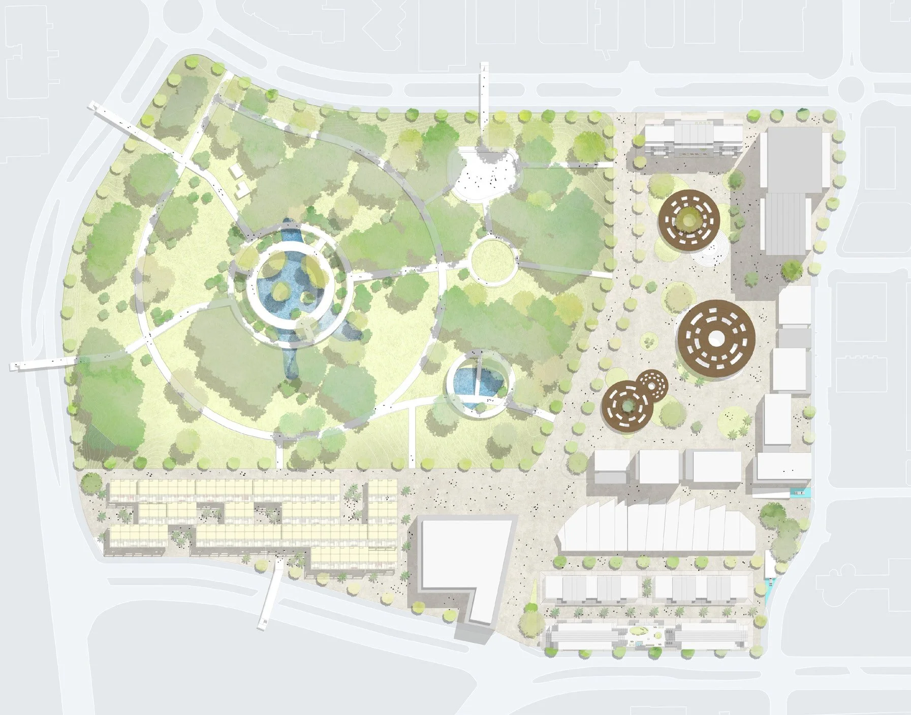 A detailed site plan of a park with pathways, water features, grassy areas, and surrounding buildings.