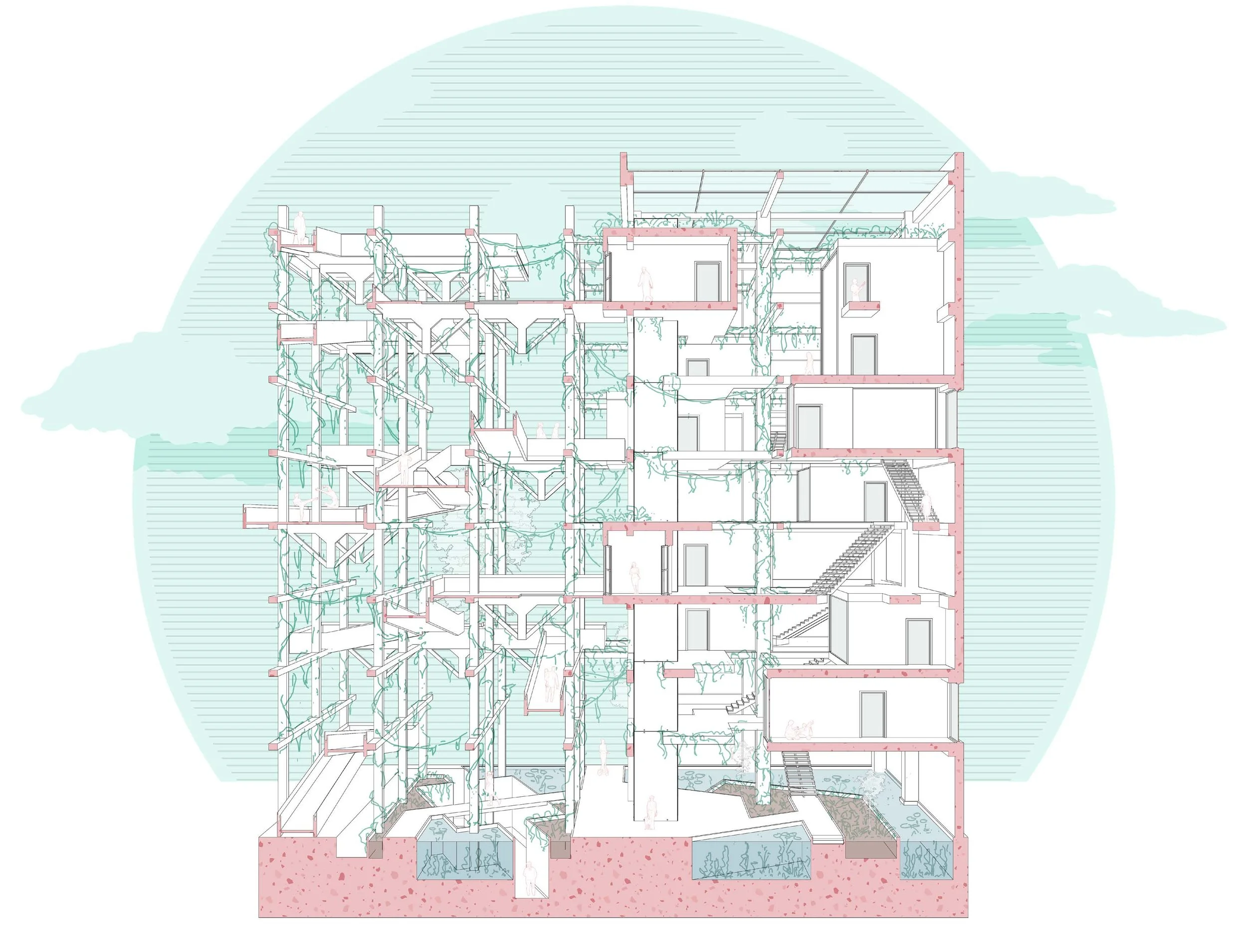 Cross-section of multistory building with interconnected rooms, stairs, plants, and water features, including trees and greenery growing throughout.