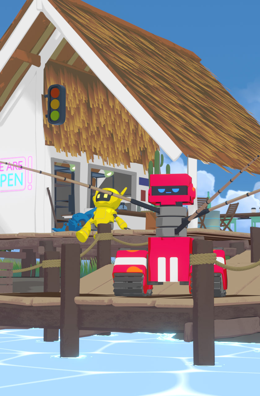 Robots fixing a house with a thatched roof on a dock over water, with a neon sign that says "We Are Open" and a traffic light.