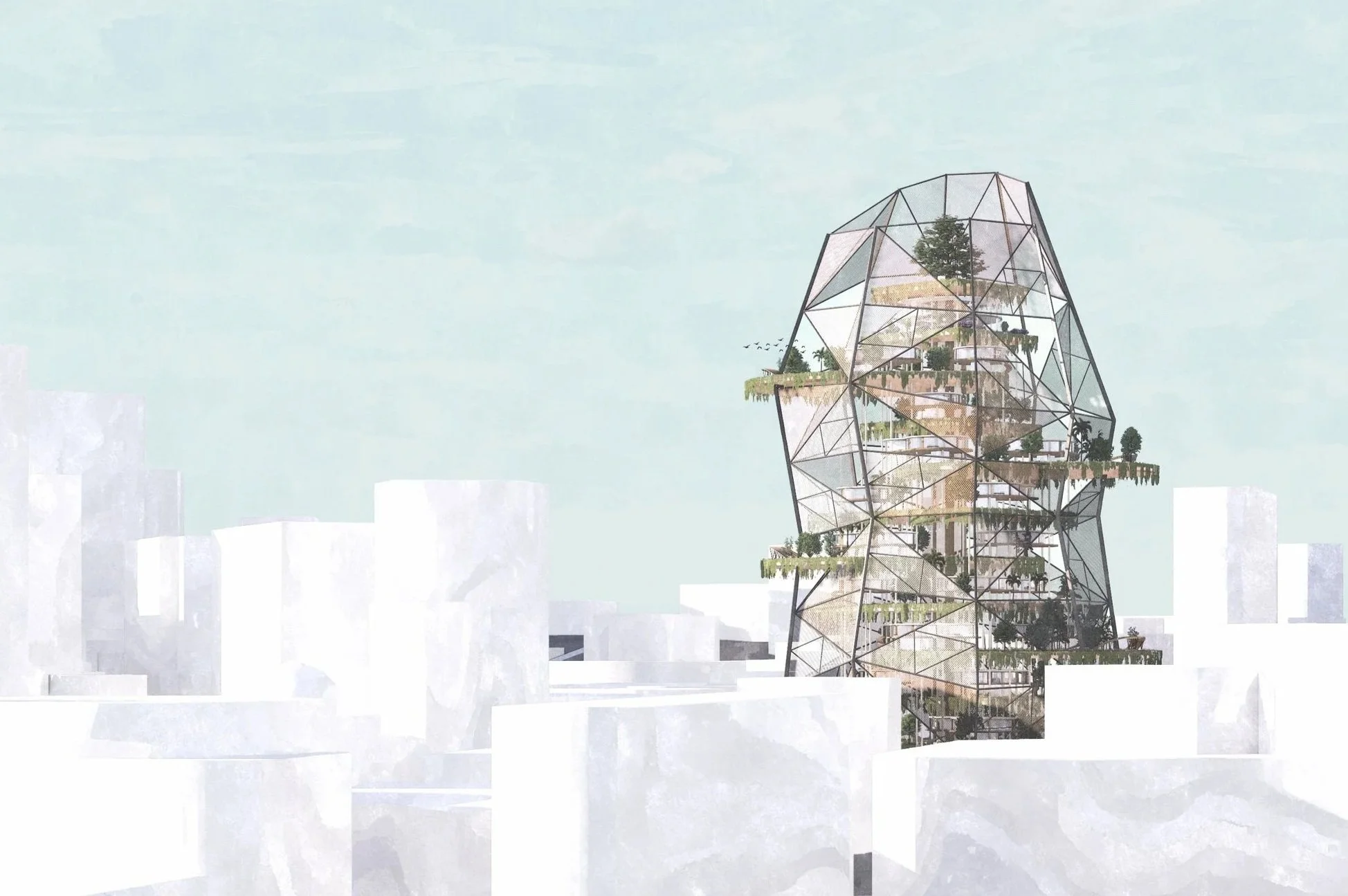 A modern skyscraper with a geometric glass facade, featuring multiple floors with green terraces and trees, set against a light sky background with a cityscape of white buildings in the foreground.