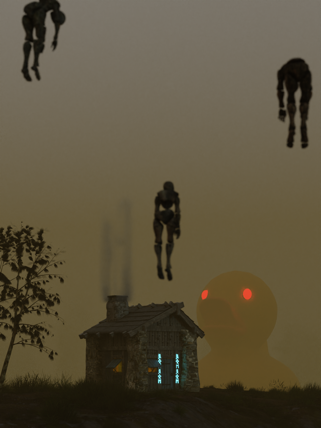 A surreal scene featuring floating humanoid robots above a rustic house with glowing symbols on the door, a large robot head with red eyes in the background, and several floating horses against a foggy, dark sky.