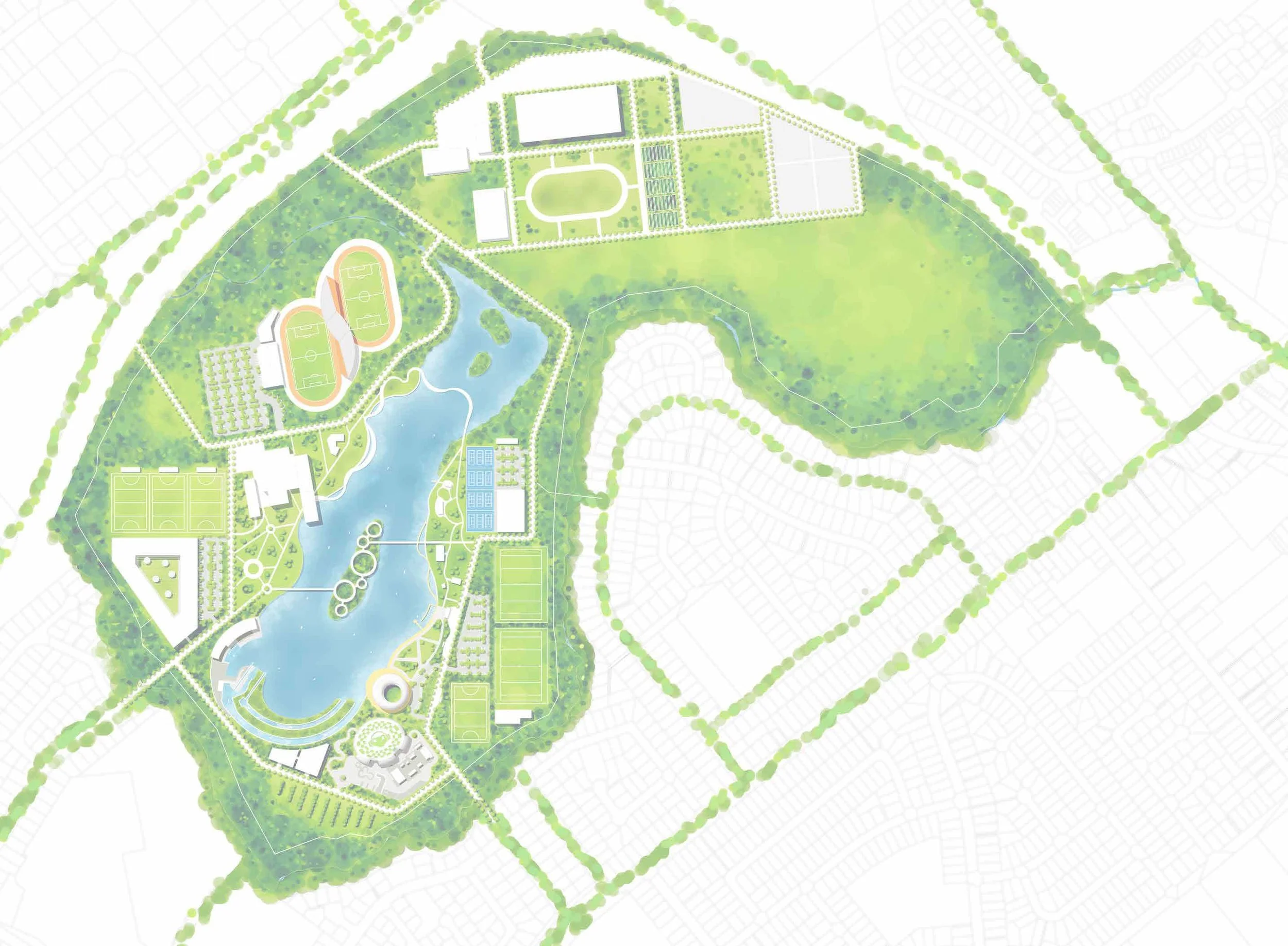 A detailed park layout with multiple sports fields, a large pond, walking paths, wooded areas, and various recreational facilities, surrounded by a residential neighborhood.