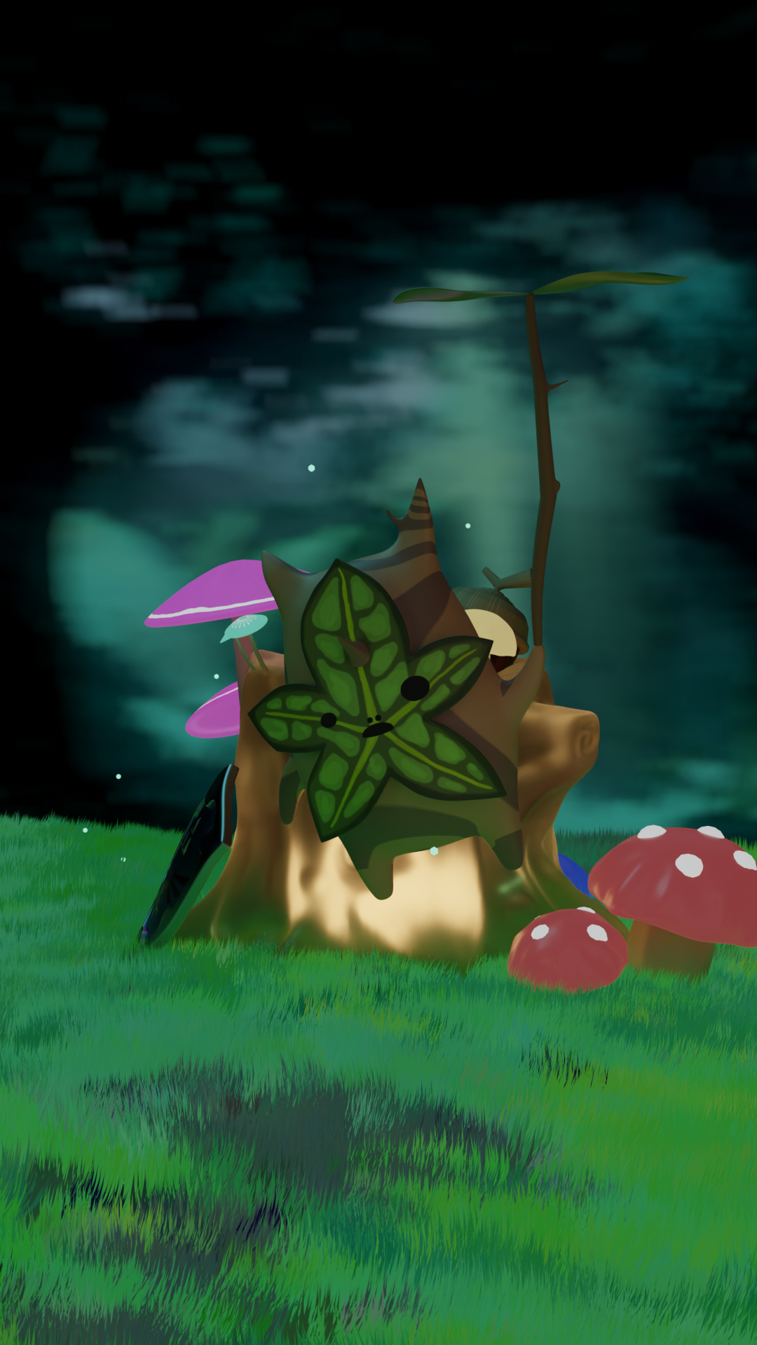 Animated scene of a tree stump decorated with a green star-shaped cactus, pink and red mushrooms, and glowing background.
