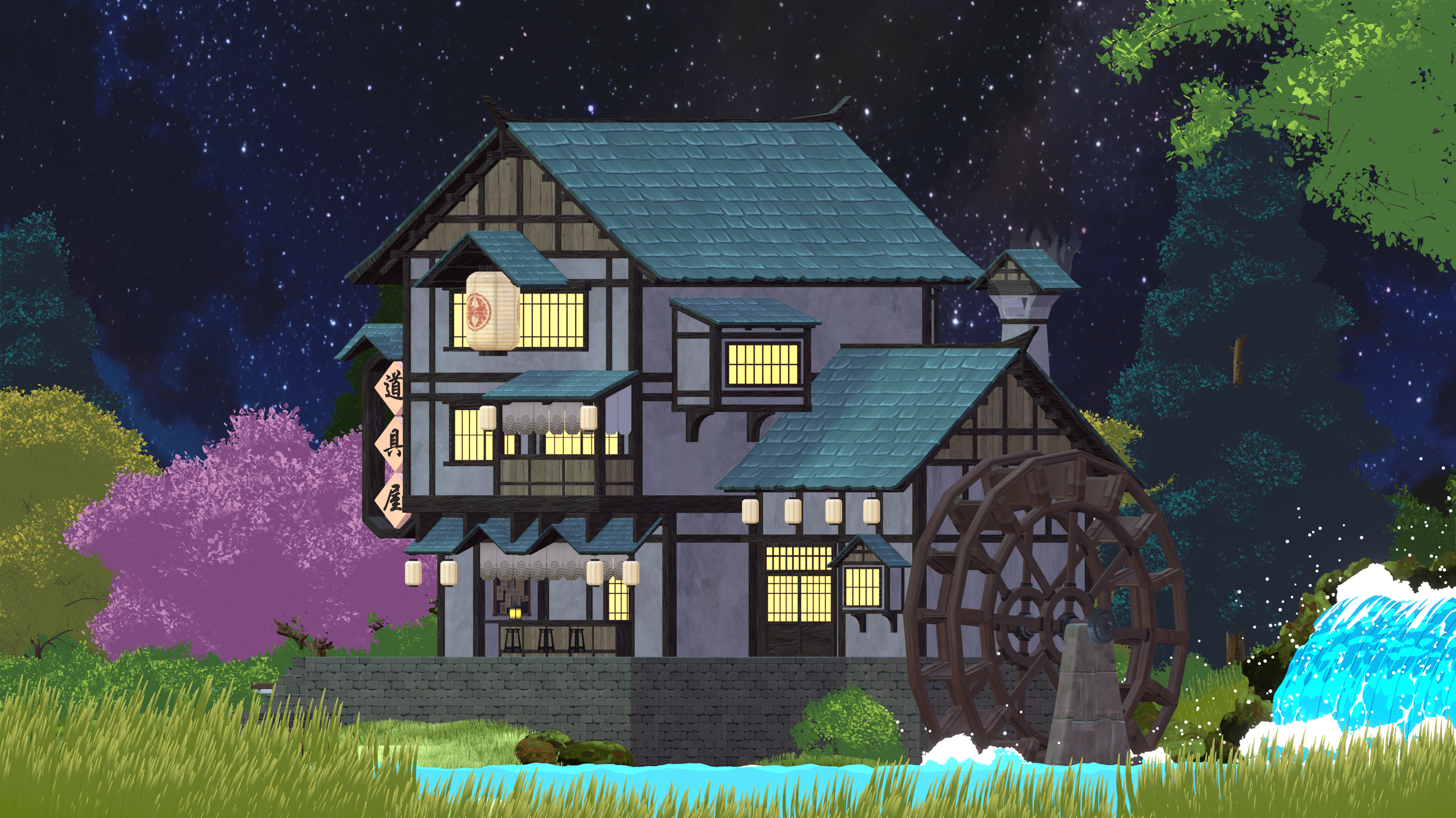 A traditional Japanese watermill house at night with illuminated windows, surrounded by colorful trees and a flowing stream.