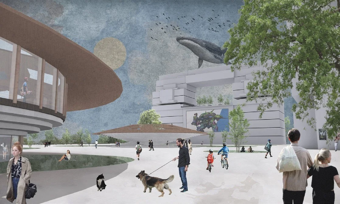 Rendering of a modern public space with futuristic buildings, a large whale sculpture on a structure, people walking, biking, and playing, green trees, and a mural on the building wall.