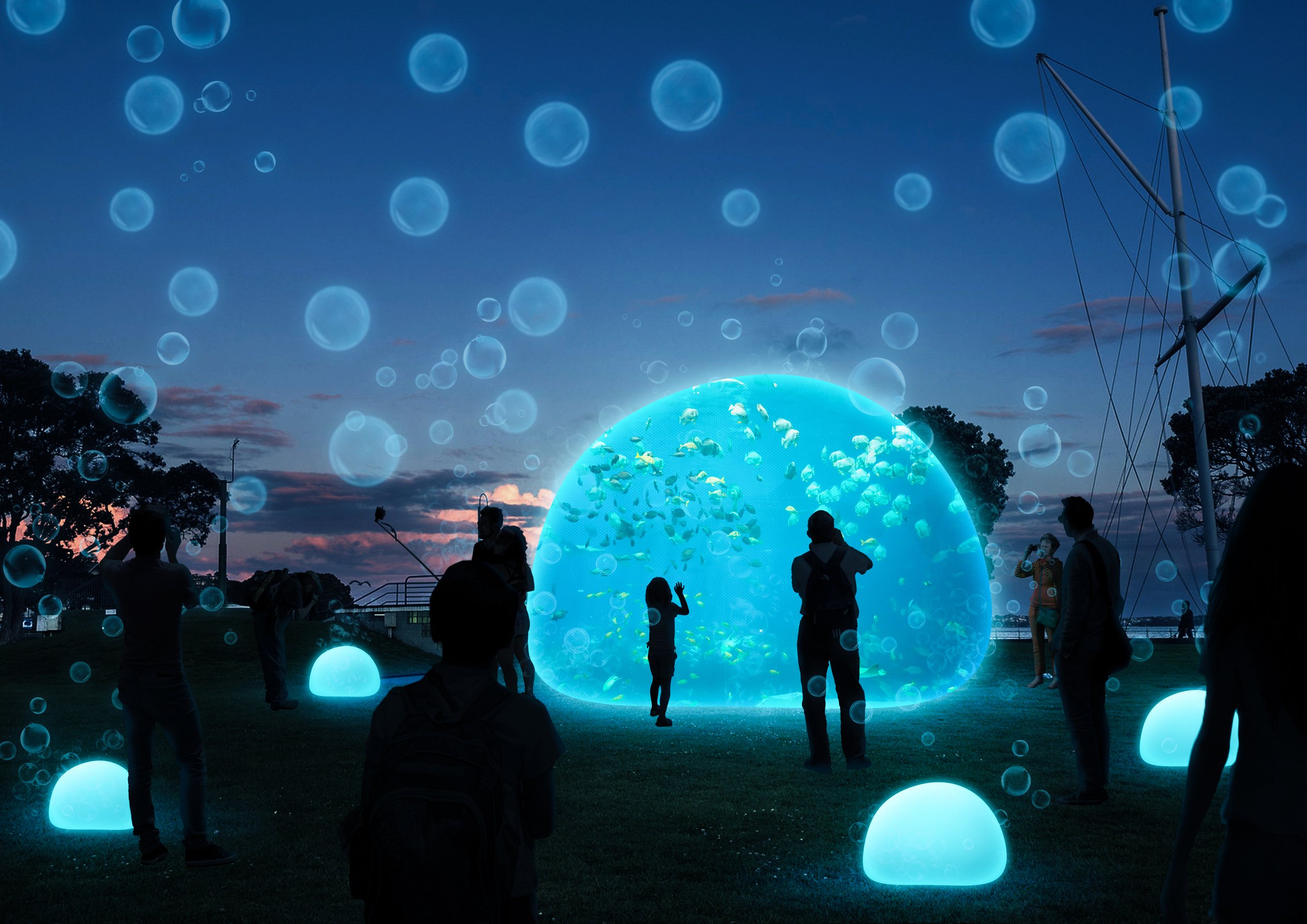 People viewing an illuminated, glowing, dome-shaped aquarium at dusk, with a large number of small fish swimming inside. The scene features glowing spherical lights on the ground and floating bubbles in the air, creating a futuristic and immersive at