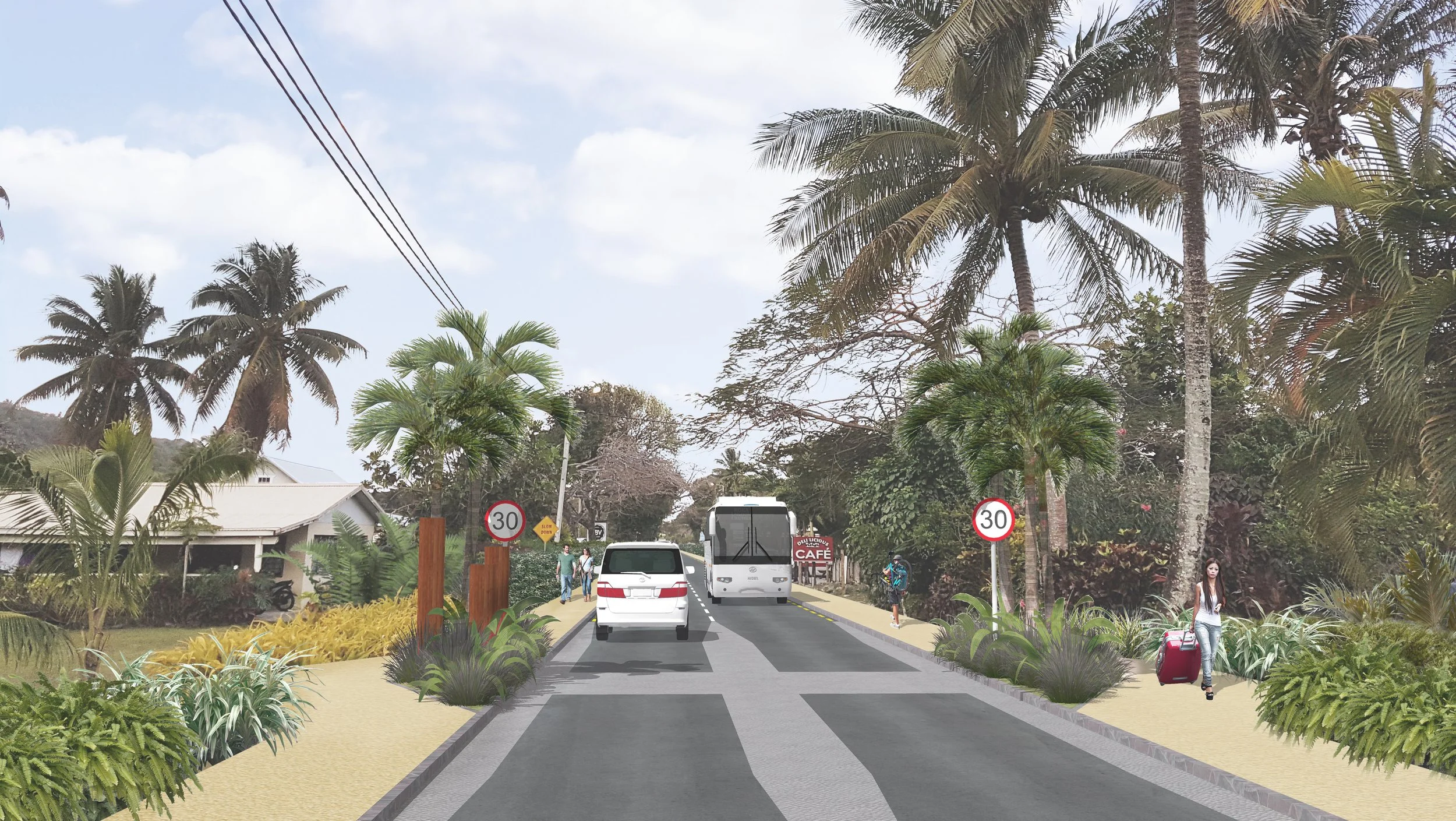 A street scene with tropical trees and landscaping, cars, a bus, pedestrians, speed limit signs, and overhead power lines under a partly cloudy sky.