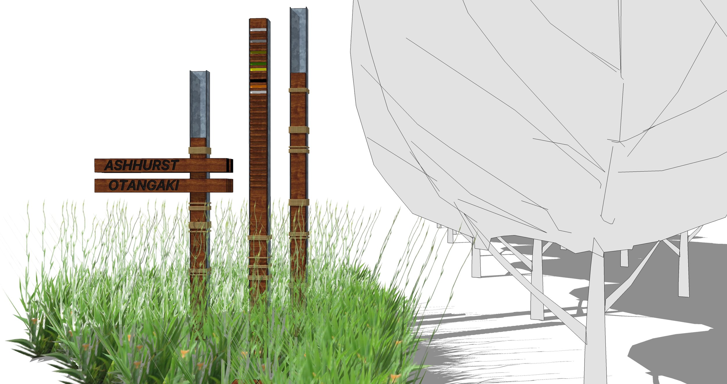 A 3D model of a boat on stilts, with a grassy foreground featuring two wooden signs labeled "ASHHURST" and "OTANGAKI." The image has a partly rendered and partly unfinished appearance.