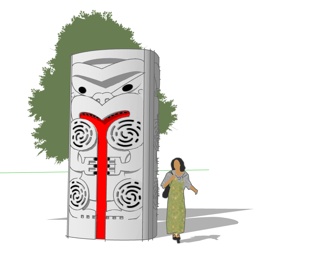 A woman walking past a tall, decorative structure featuring a stylized face with tribal or artistic design elements, including spirals and bold lines, next to a large tree.