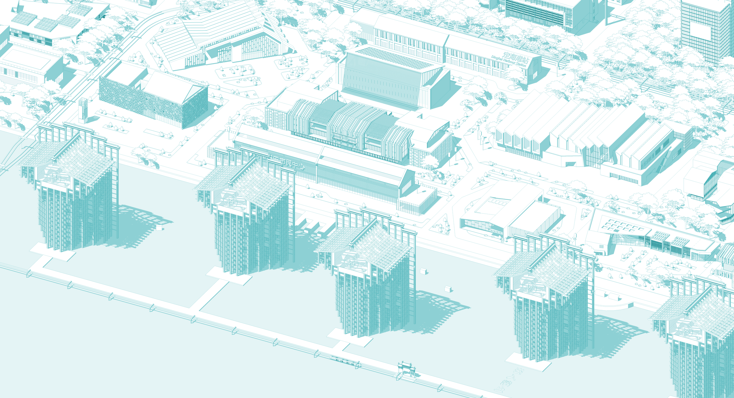 Aerial view of a modern cityscape featuring high-rise buildings, a train station, and various commercial and residential structures, with roads, greenery, and open spaces.