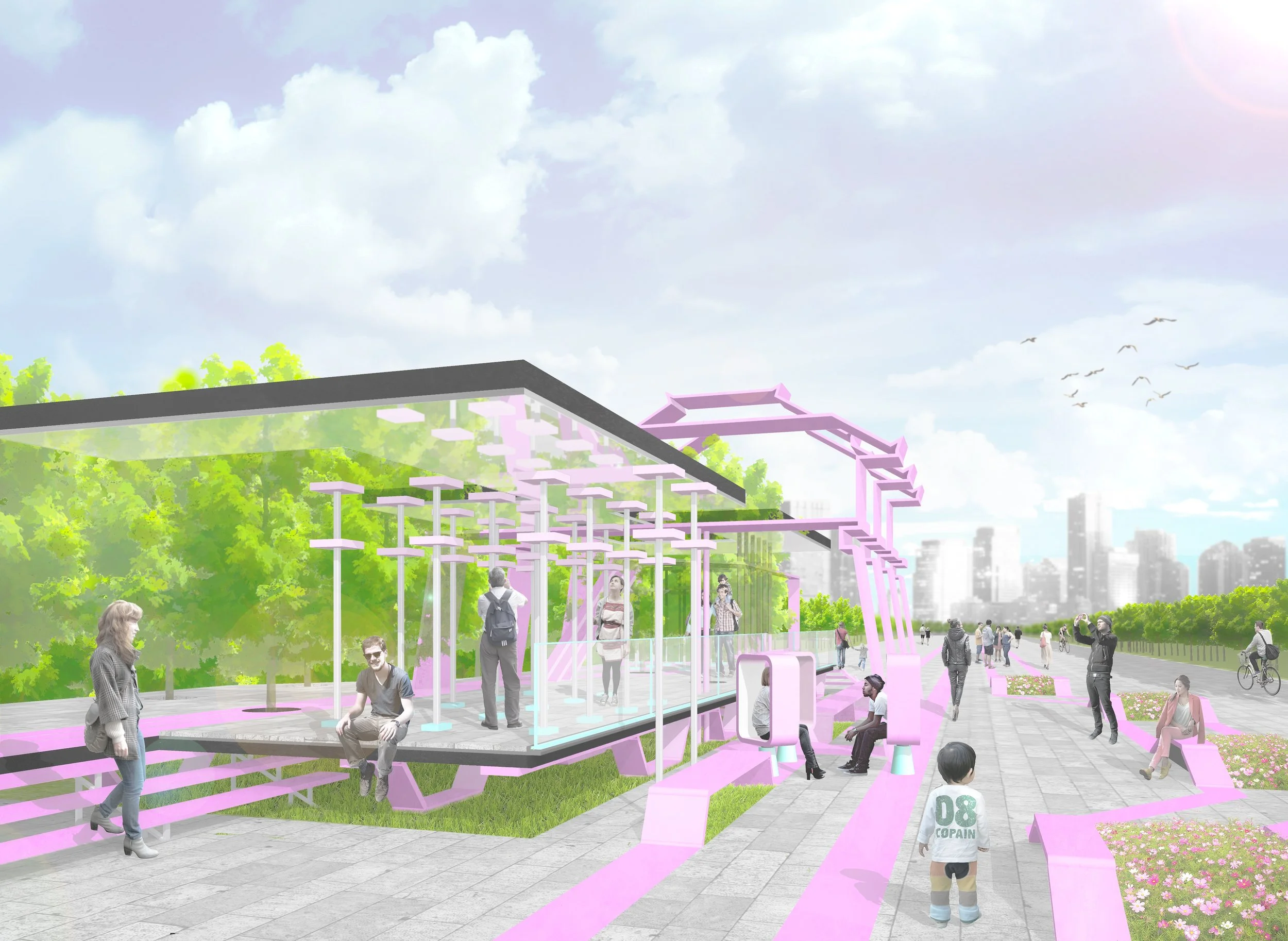 Digital rendering of a modern urban park with pink structural elements, greenery, walking paths, and people.