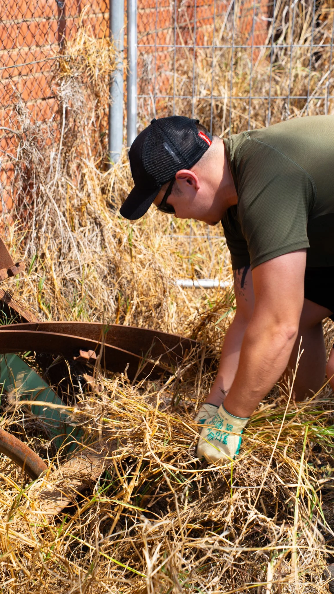 A man bending down wearing a black cap, sunglasses, a green shirt, and gloves, working outdoors among dry grass and rusty metal debris.