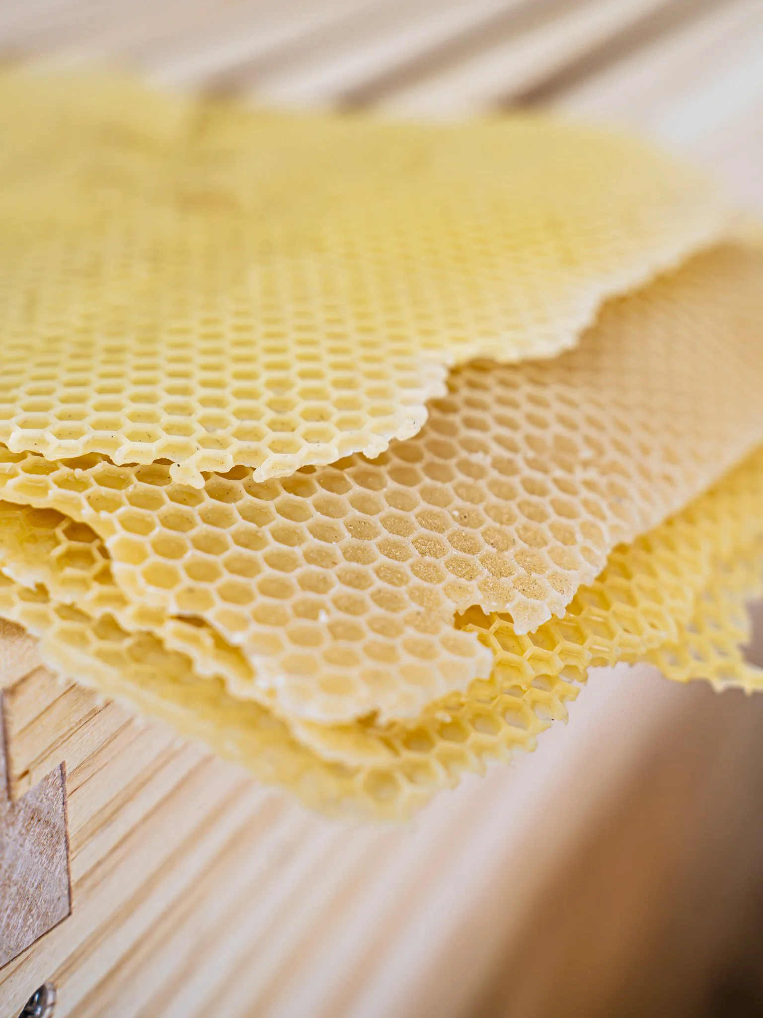 Close-up of a honeycomb with beeswax pattern on a wooden surface.