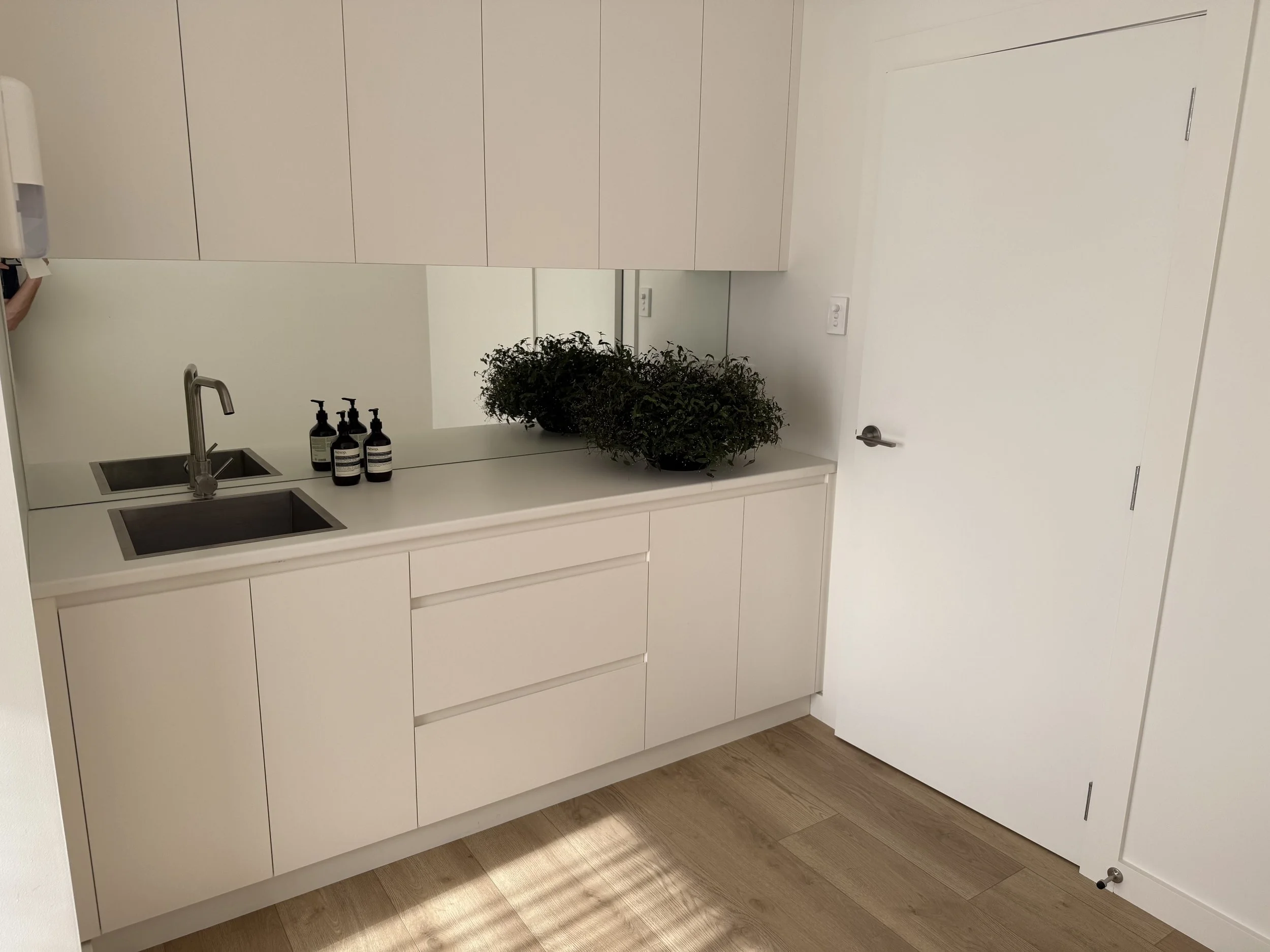 A minimalist white kitchen counter with a small sink, three soap bottles, and a large potted plant. Light wood flooring and a white wall with an outlet and a door are visible.