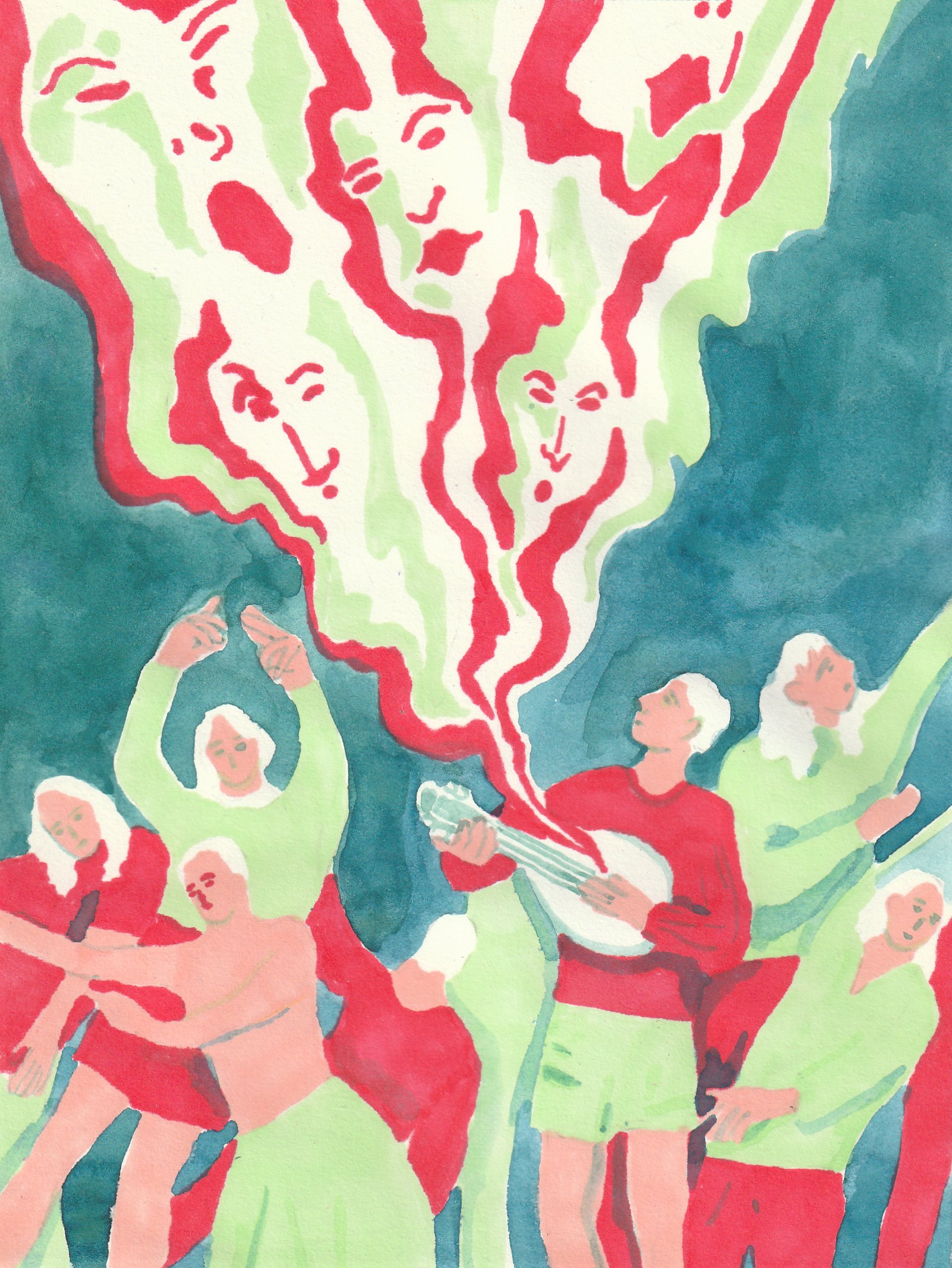 Une groupe de personnes, dont certaines jouent de la guitare, semblent chanter ou danser lors d'une fête. Un homme joue de la guitare avec une condensation de visages et de silhouettes colorées émanant de sa guitare.