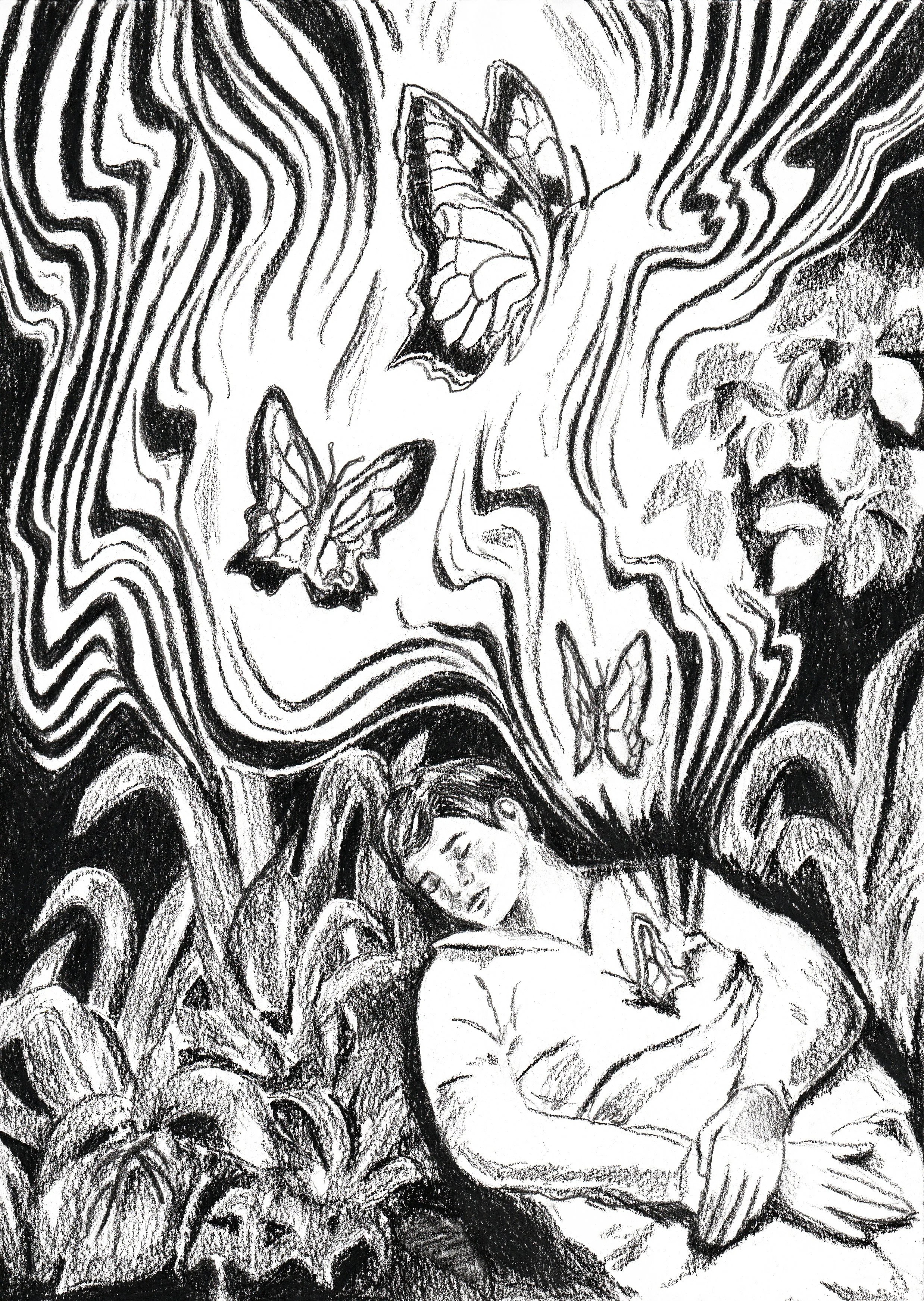 Une femme qui dort, entourée de papillons en vol et de plantes, dans un dessin en noir et blanc.