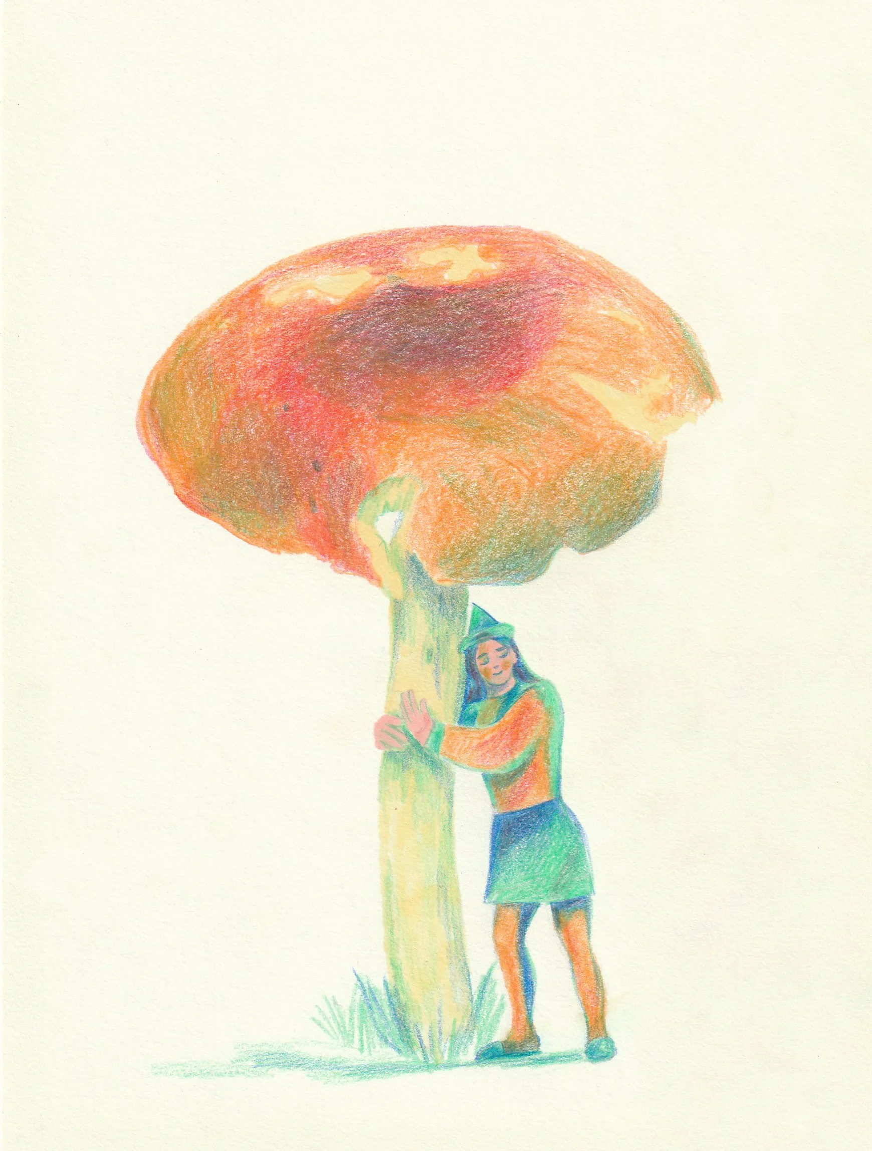 Une dessin à la craie colorée représentant une fille embrassant un arbre dont le feuillage forme un champignon. 