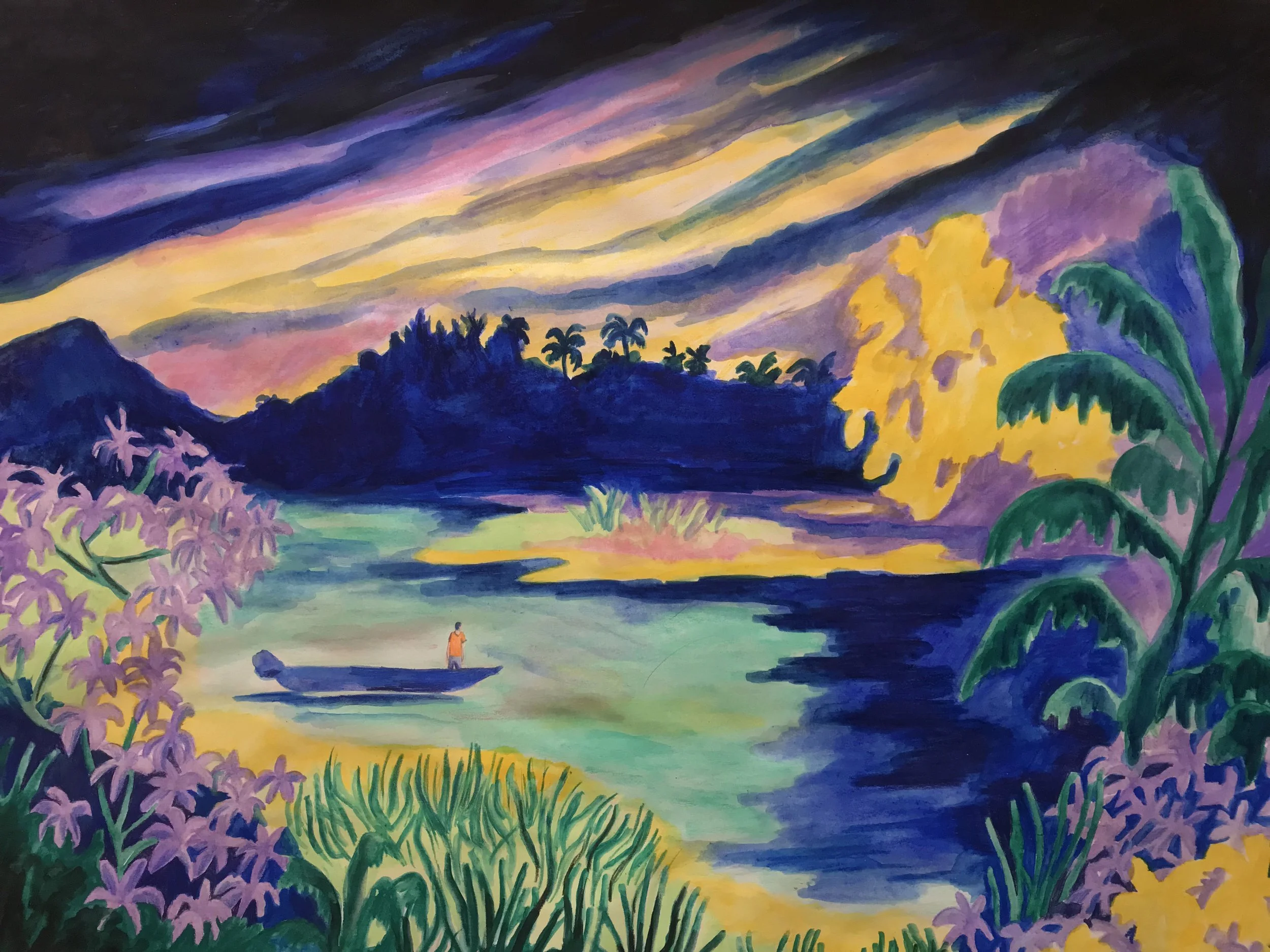 Paysage coloré avec rivière, montagnes, ciel coloré au coucher du soleil, végétation luxuriante et un homme dans une barque.