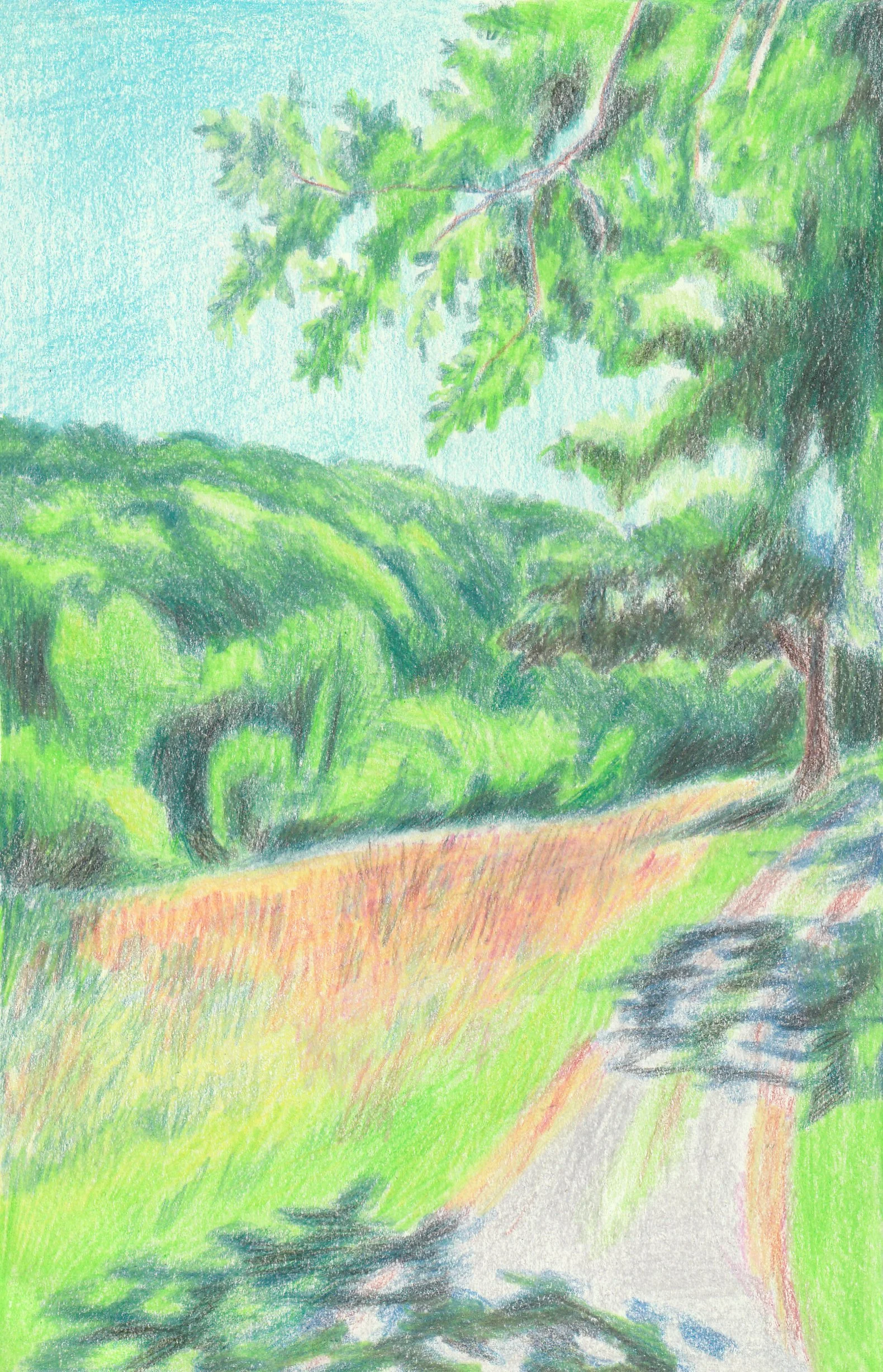 Un paysage de campagne avec un arbre grand et vertoyant, un ciel bleu clair, et une route ou un chemin en premier plan, réalisé au pastel.