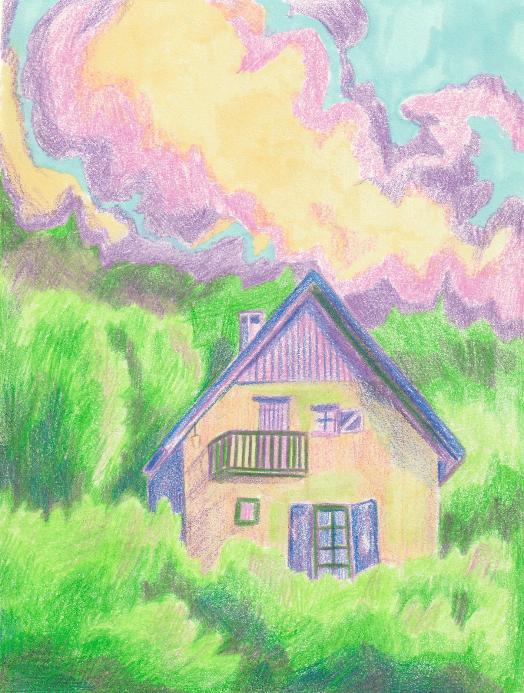 Une illustration colorée d'une maison avec un toit en pente entourée de verdure, avec un ciel nuageux en arrière-plan.