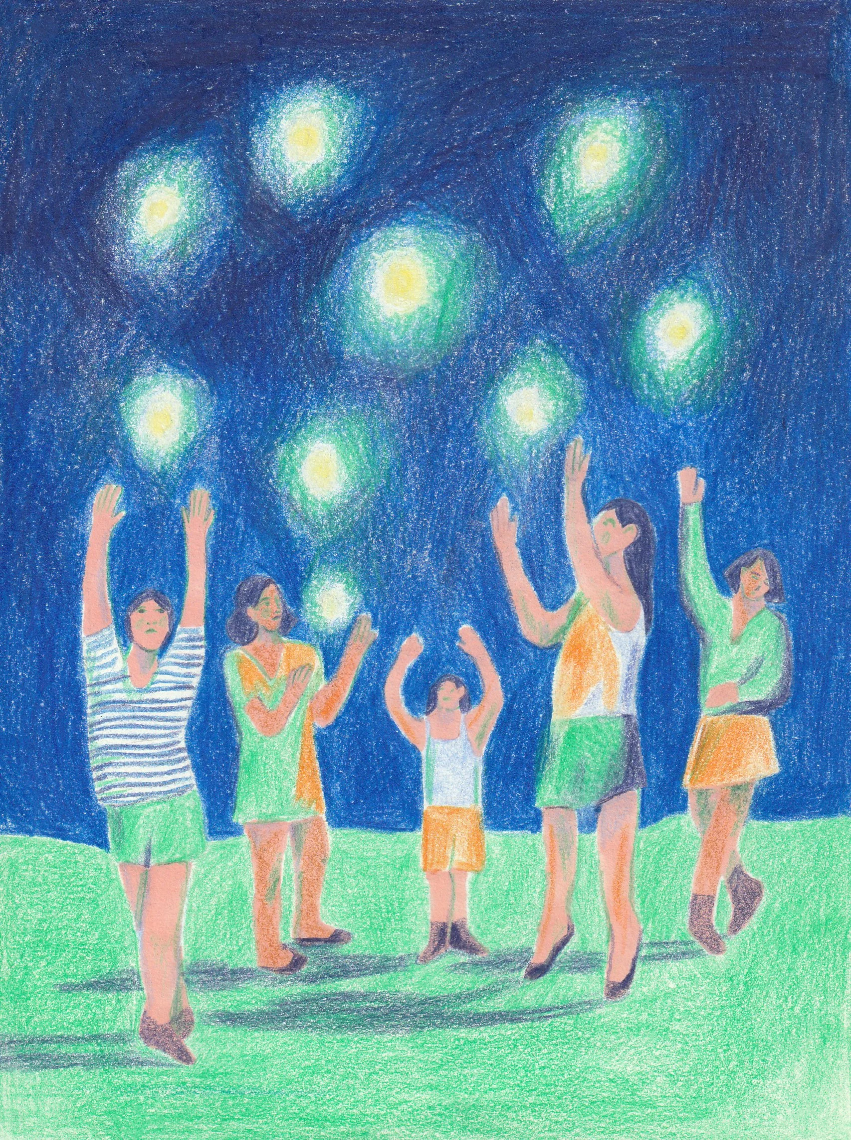 Une famille d'enfants et d'adultes regardant des lucioles ou des lumières dans un ciel nocturne, dessinée au crayon de couleur.