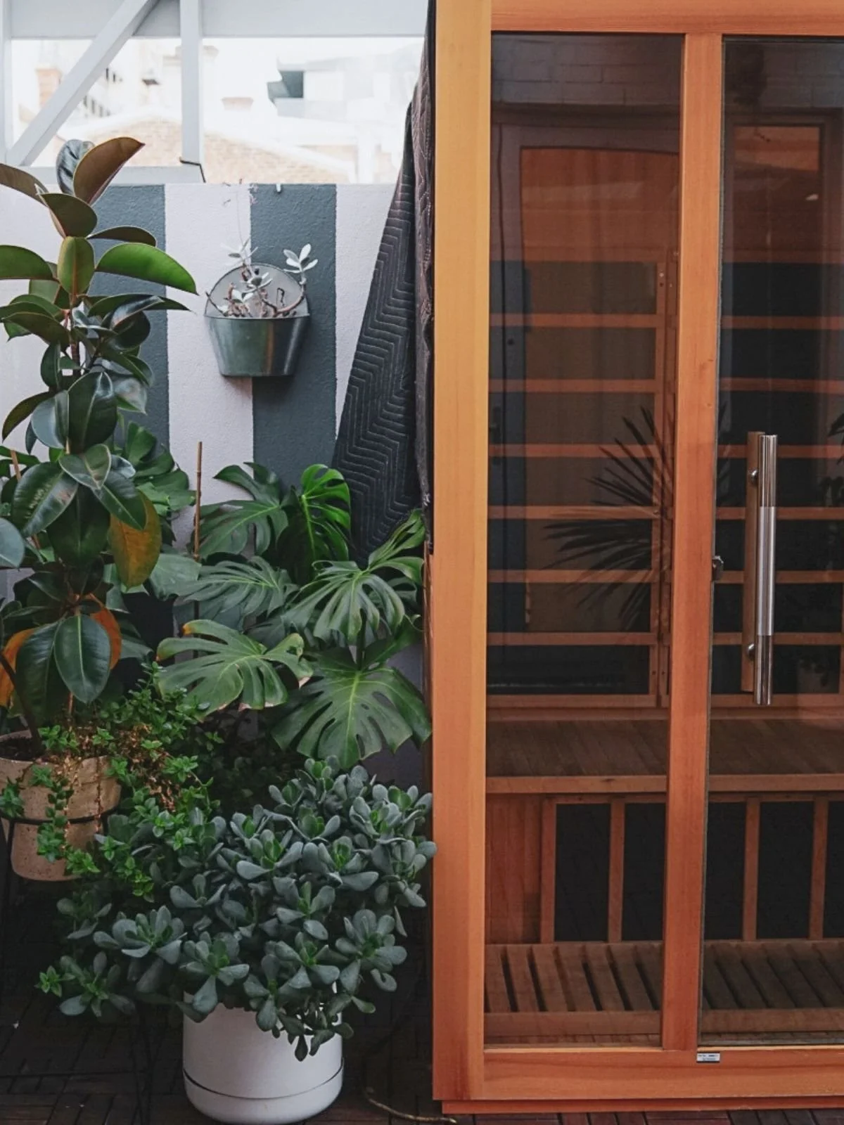 Infrared sauna surrounded by plants on the rooftop at I Am That Studio in Collingwood