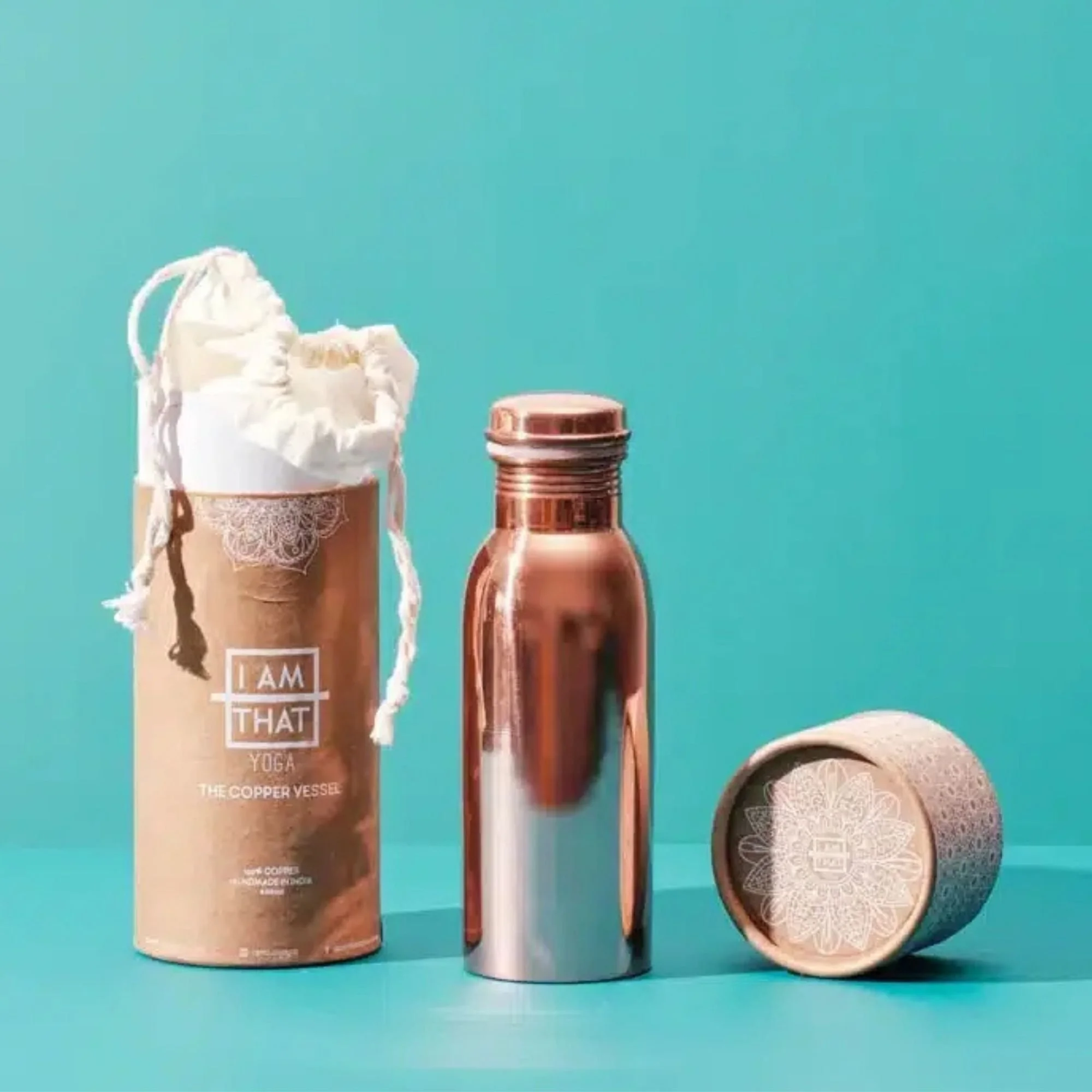 Handmade 600ml smooth copper water bottle with gift packaging from I Am That Studio.