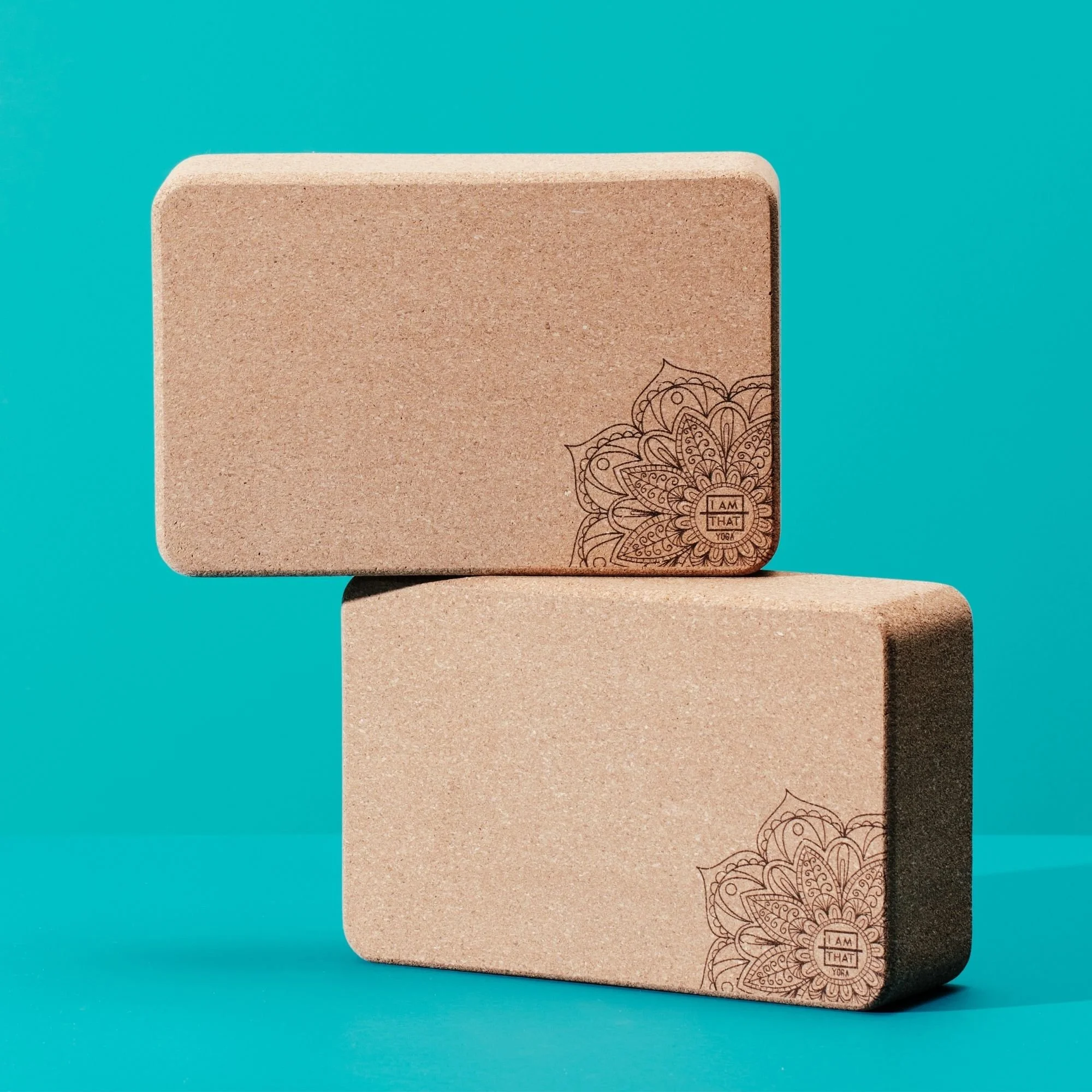 Pair of natural cork yoga blocks with rounded edges for yoga support | I Am That Studio