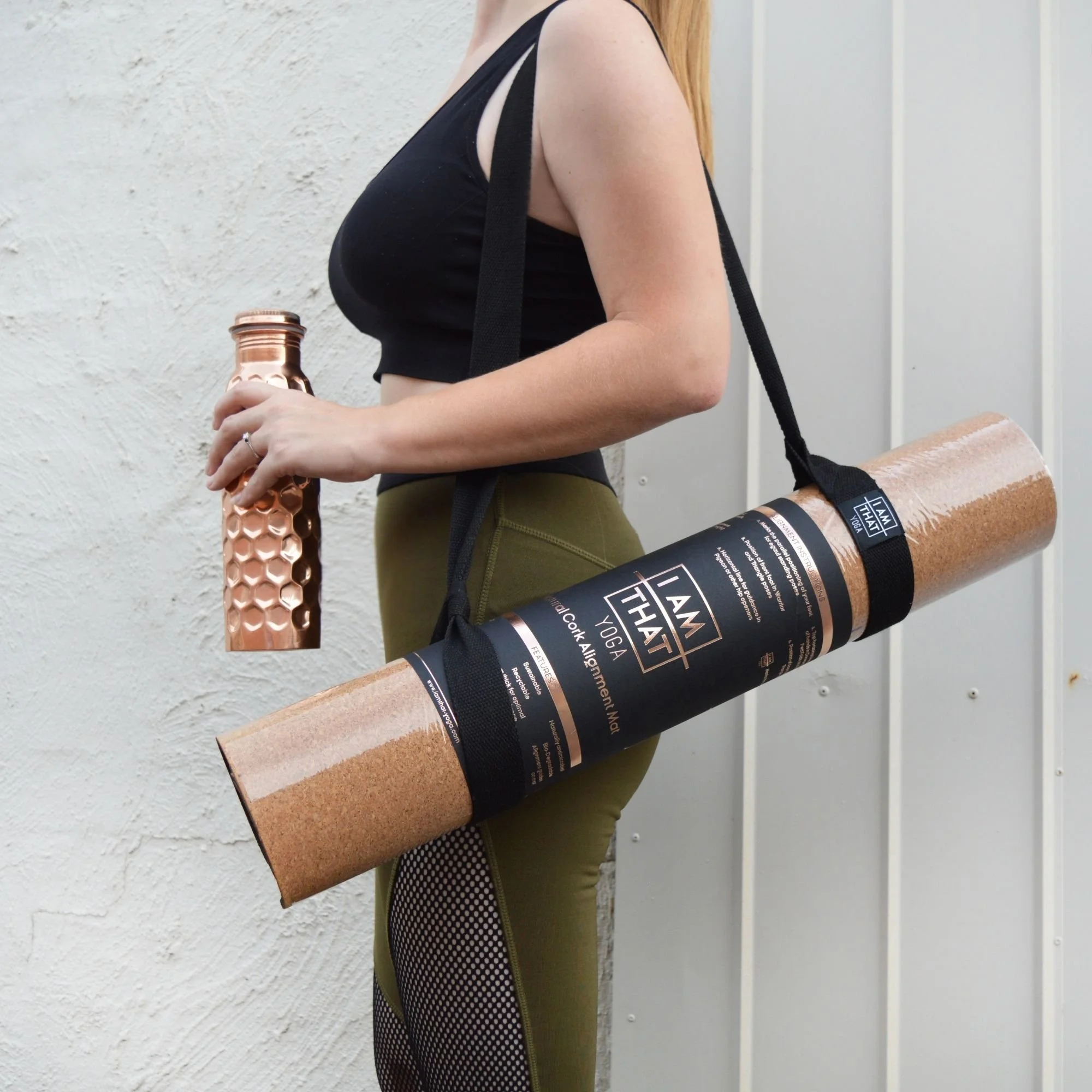 Portable Luxury Natural Cork Alignment Yoga Mat carried with shoulder strap