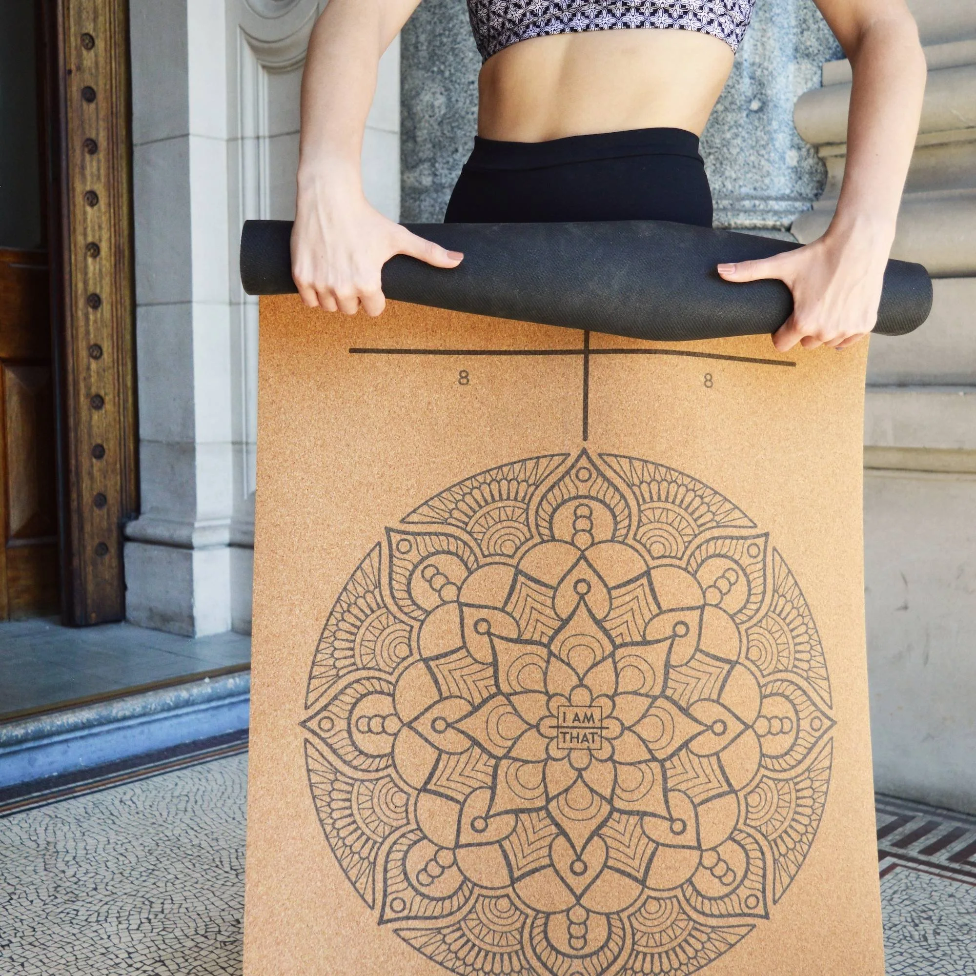 Luxury Natural Cork Alignment Yoga Mat rolled for storage and transport