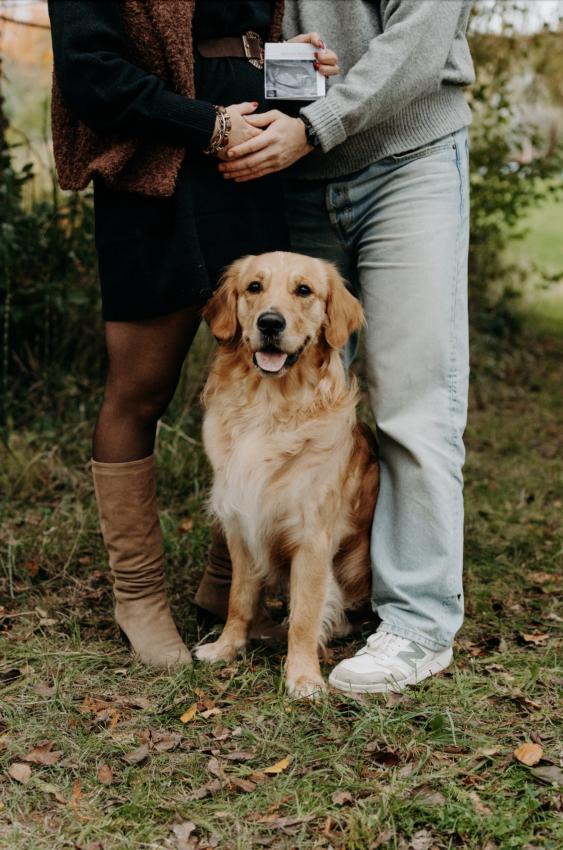 Un couple avec un chien golden retriever lors d'une séance photo en extérieur, les femmes tiennent une échographie dans leurs mains.