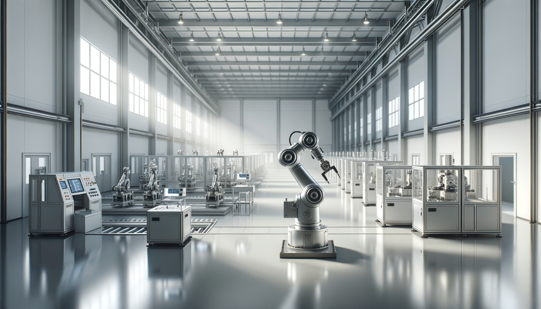 Automated robotic arms in a high-tech manufacturing factory with large windows and industrial equipment.