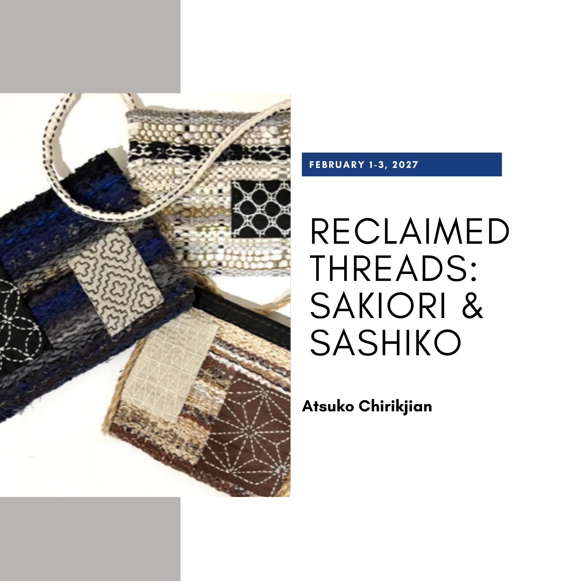 Textile pieces combining woven sakiori fabric and hand-stitched sashiko patterns in neutral and indigo tones, featured in ‘Reclaimed Threads: Sakiori & Sashiko’ workshop at Aya Fiber Studio