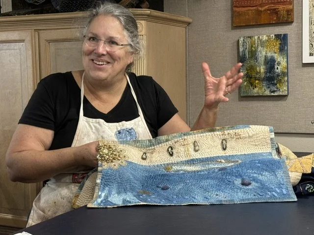 Lisa Binkley teaching layered fabric processes combining botanical dyeing and boro-inspired techniques