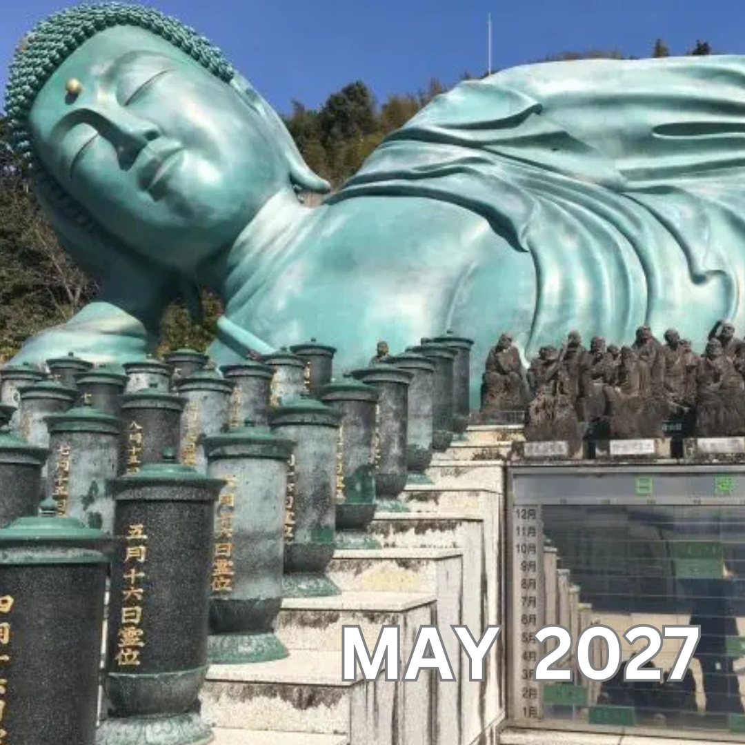 Large reclining Buddha statue with smaller statues and stele in front, with May 2027 overlay text.