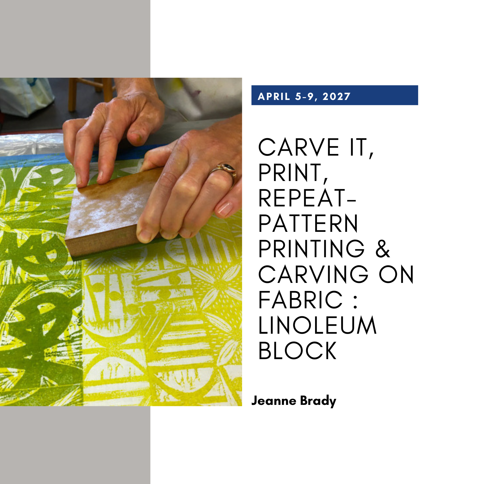 Hands printing fabric with linoleum block, colorful patterned fabric in green and yellow