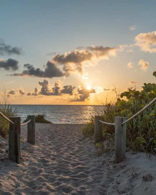 Sand pathway leading to the beach with wooden posts and ropes on either side, surrounded by greenery, under a sunset sky with clouds over the ocean.