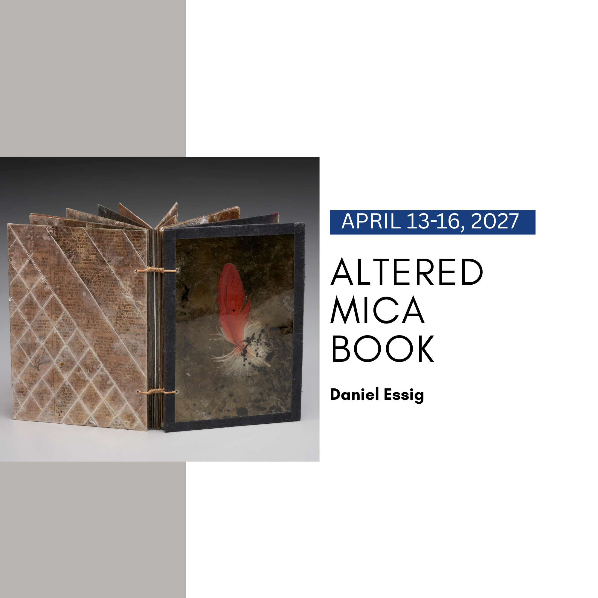 Handmade altered mica book with layered translucent pages, stitched binding, and feather imagery, featured in ‘Altered Mica Book’ workshop at Aya Fiber Studio.