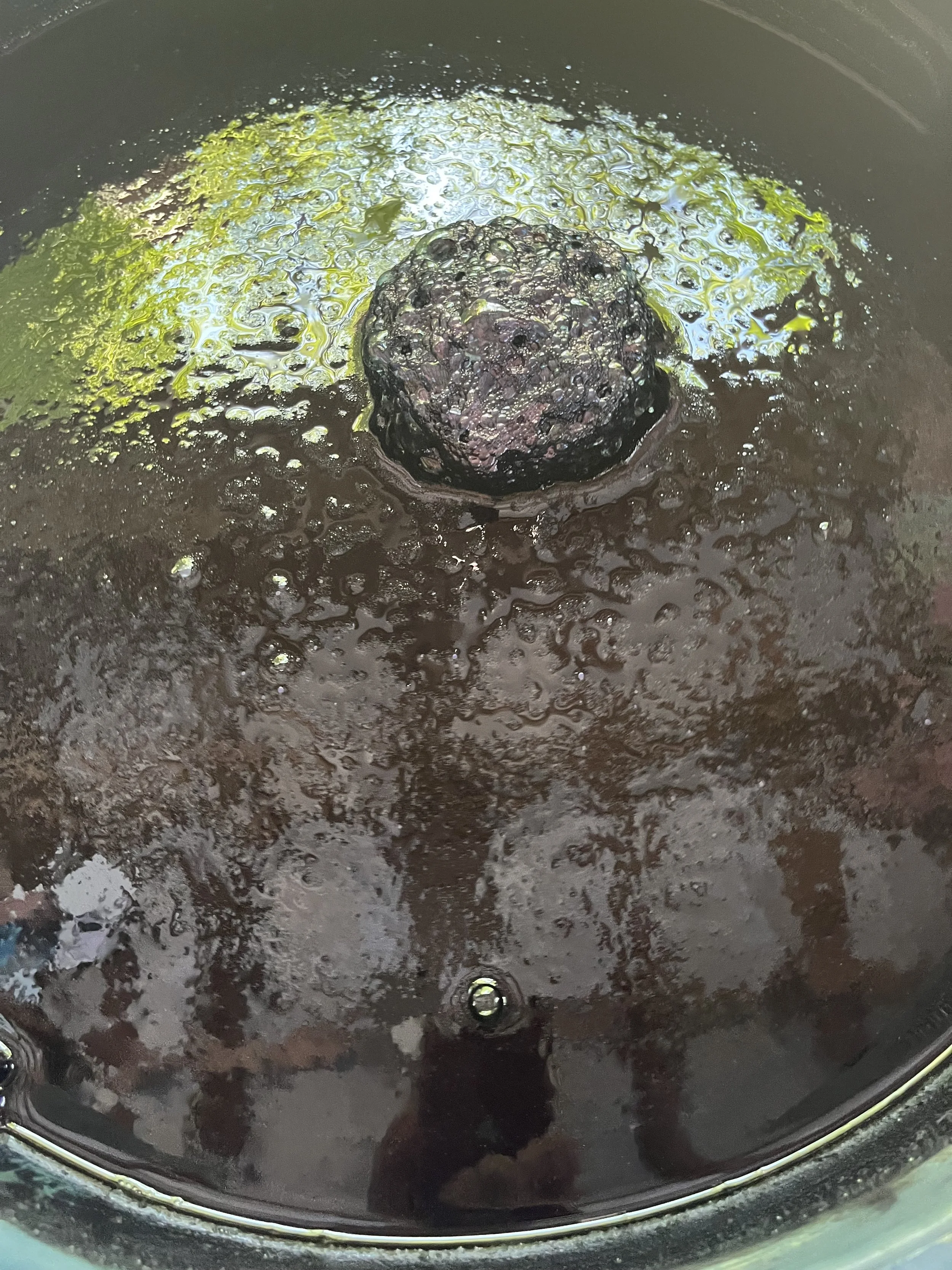 Blackberry cooking in a pan with bubbling oil or syrup, surrounded by greenish foam and bubbles.
