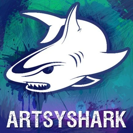 A stylized cartoon shark with a fierce expression on a green and blue abstract background, with the text 'ARTSYSHARK' at the bottom.