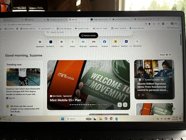 MSN news feed displaying an unsolicited feature about the Aizome Shibori Signature Series at Aya Fiber Studio