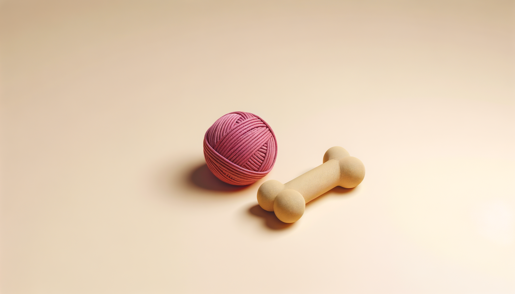Pink ball of yarn and a beige dumbbell on a light background.