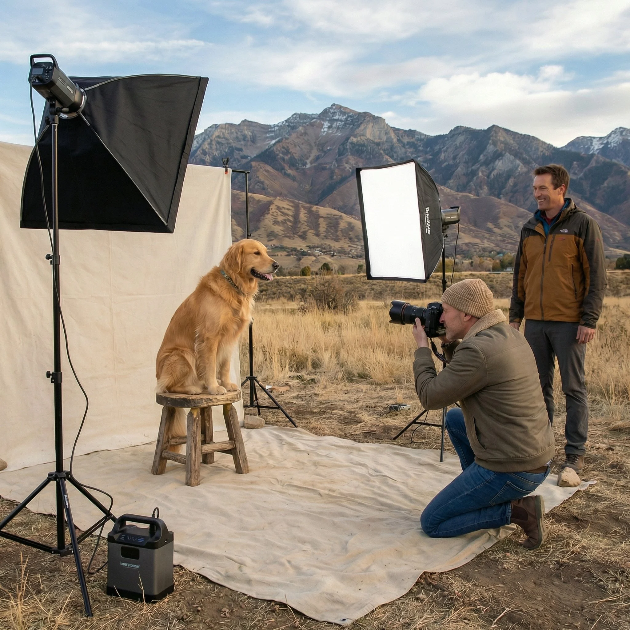 A photo of a photoshoot setup in an outdoor field with mountains in the background. There is a golden retriever sitting on a small wooden stool being photographed by a man kneeling with a camera. Two large softbox lights are set up, and two other men are standing nearby, smiling.