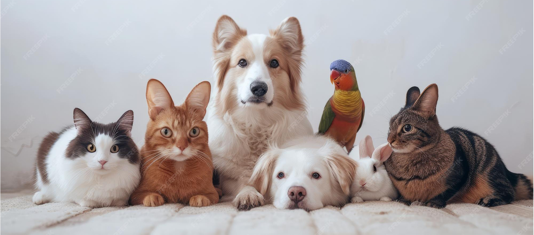 Group of pets including two cats, two dogs, a rabbit, a bird, and a puppy lying together on a beige carpet.